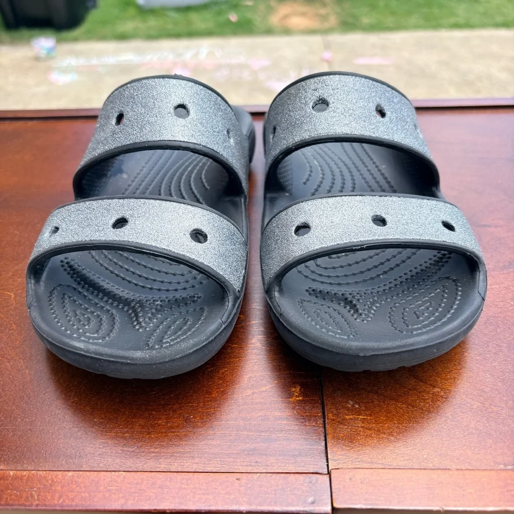 CROCS Glitter Double-Strap Slide Sandals in Metallic Silver and Black size 6